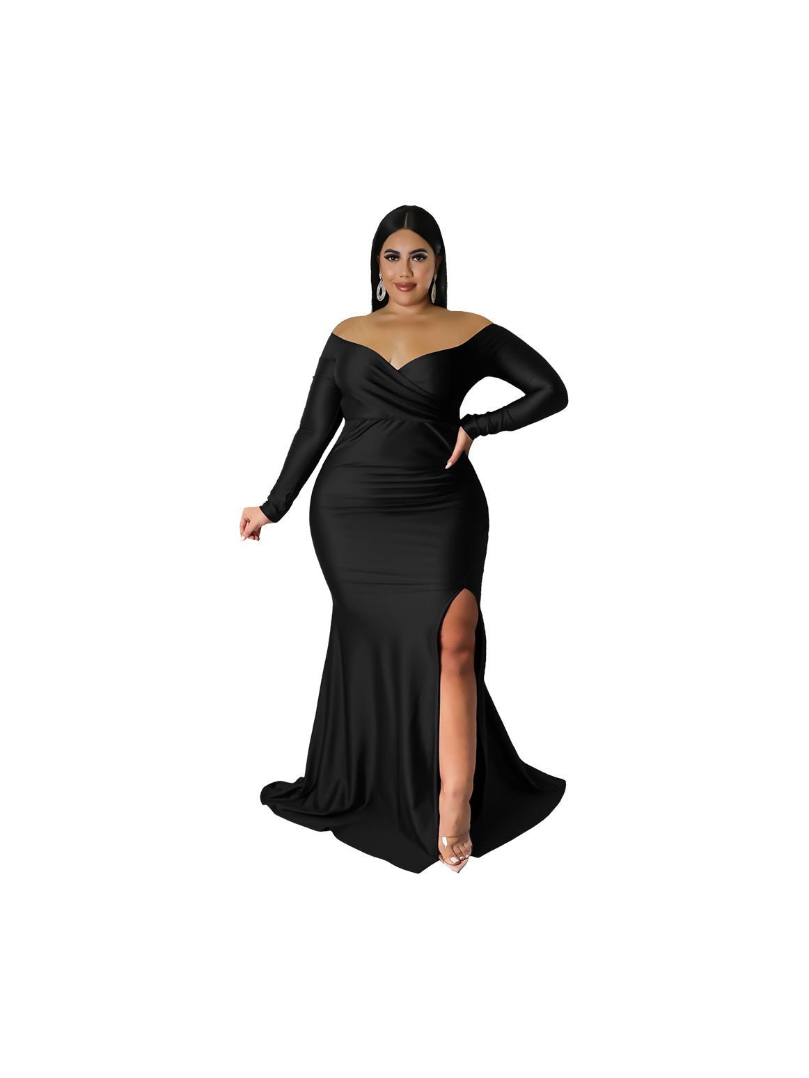 Plus Size V-Neck Long Sleeve Split Maxi Dress — 5 Colors - Courbe et Compagnie