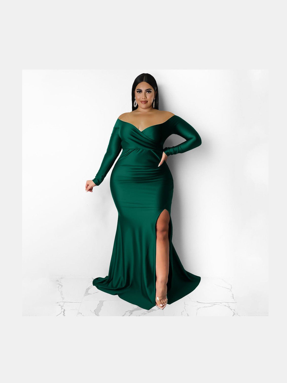 Plus Size V-Neck Long Sleeve Split Maxi Dress — 5 Colors - Courbe et Compagnie