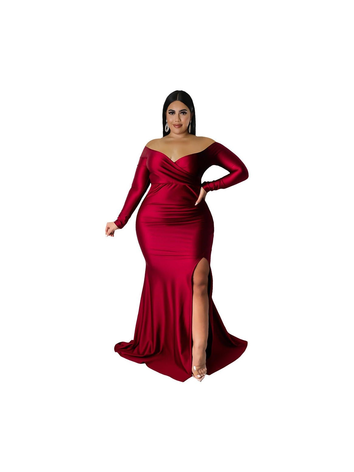 Plus Size V-Neck Long Sleeve Split Maxi Dress — 5 Colors - Courbe et Compagnie