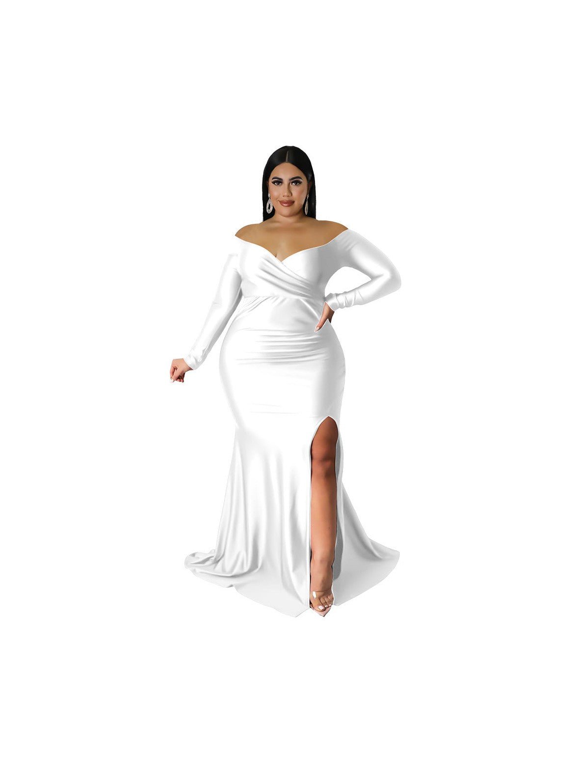 Plus Size V-Neck Long Sleeve Split Maxi Dress — 5 Colors - Courbe et Compagnie