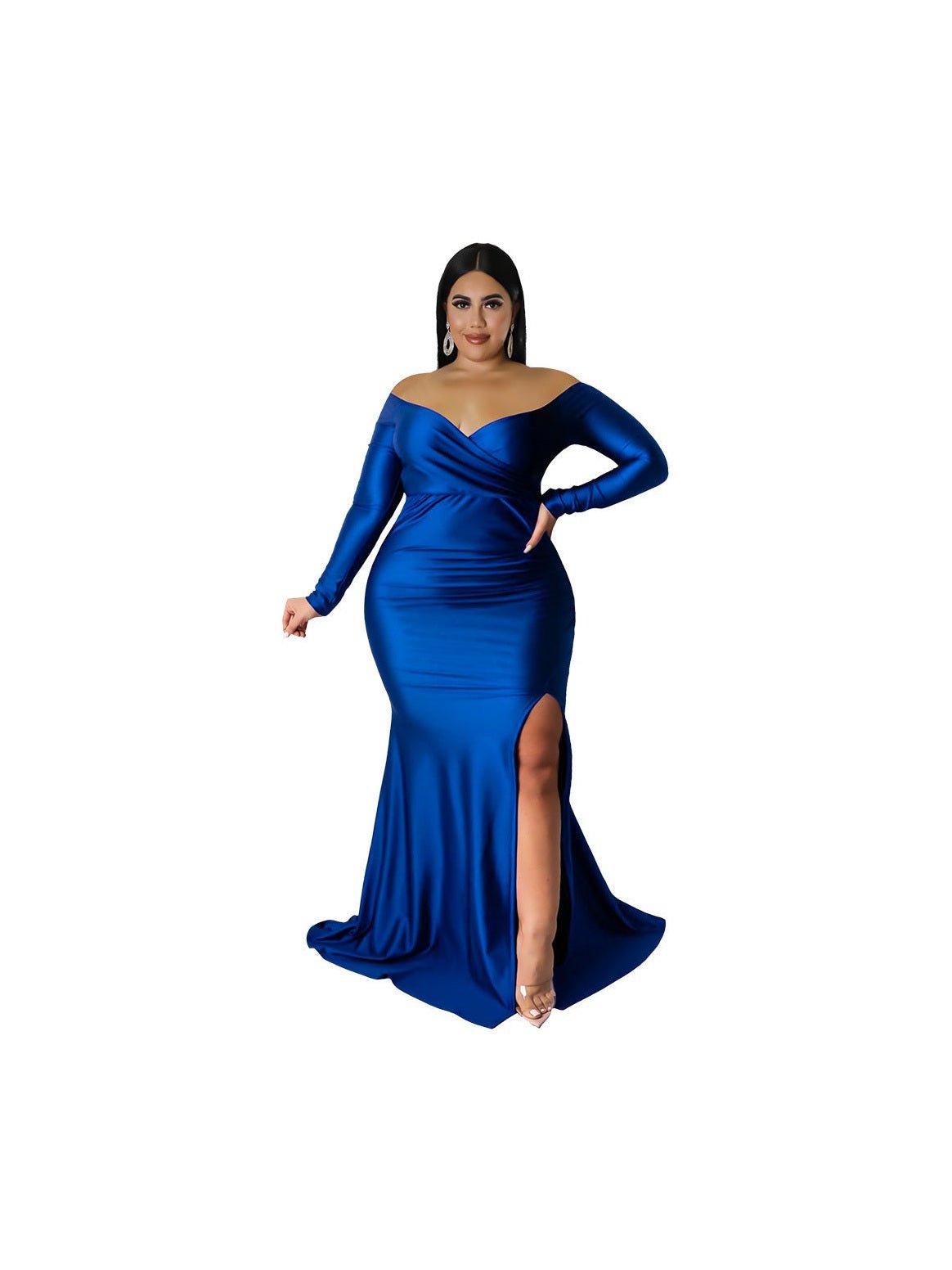 Plus Size V-Neck Long Sleeve Split Maxi Dress — 5 Colors - Courbe et Compagnie