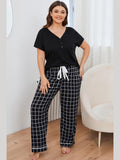 Plus Size V-Neck Top and Plaid Pants Lounge Set - Courbe et Compagnie