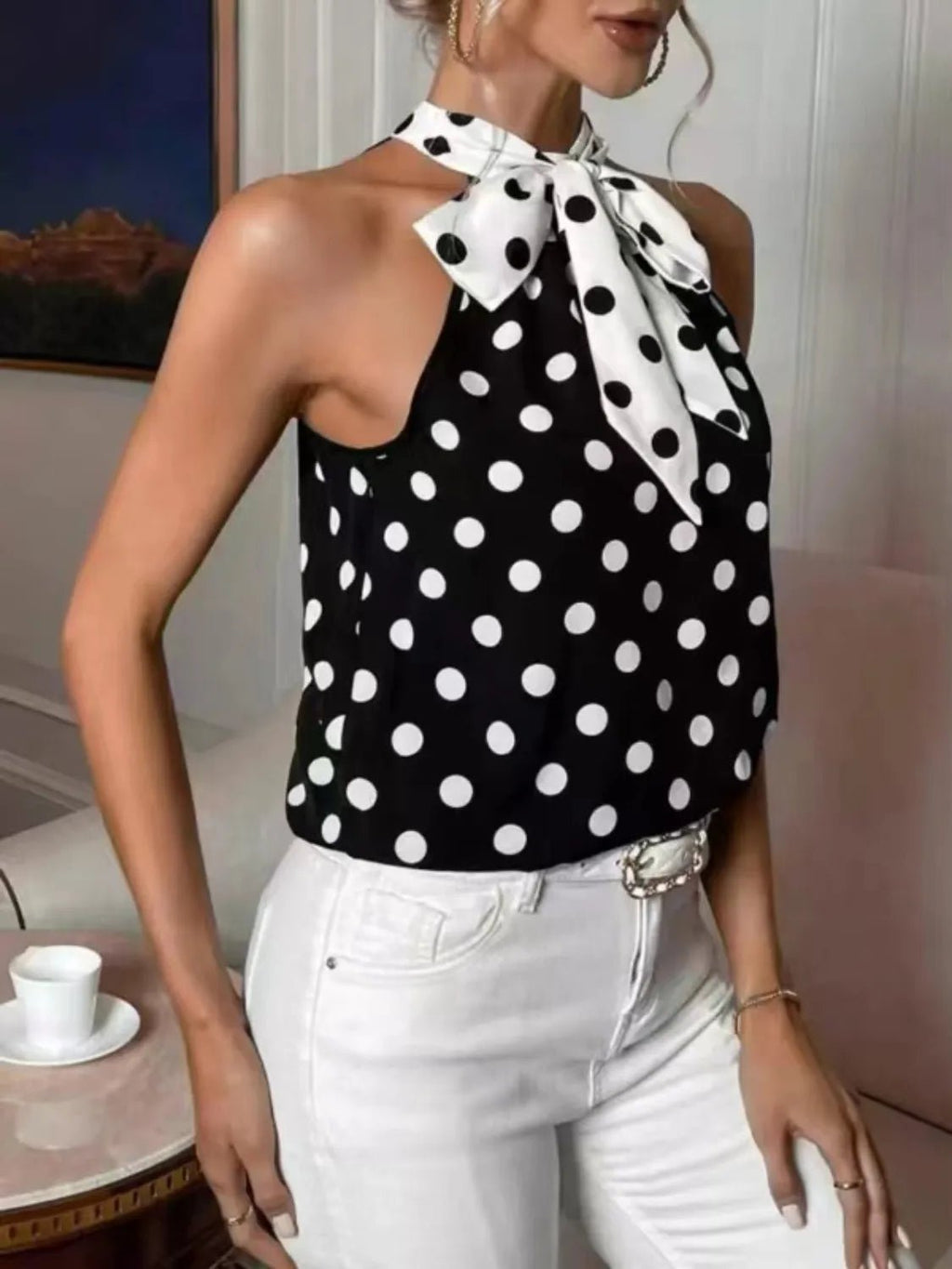 Polka Dot Tie Front Cami - Courbe et Compagnie