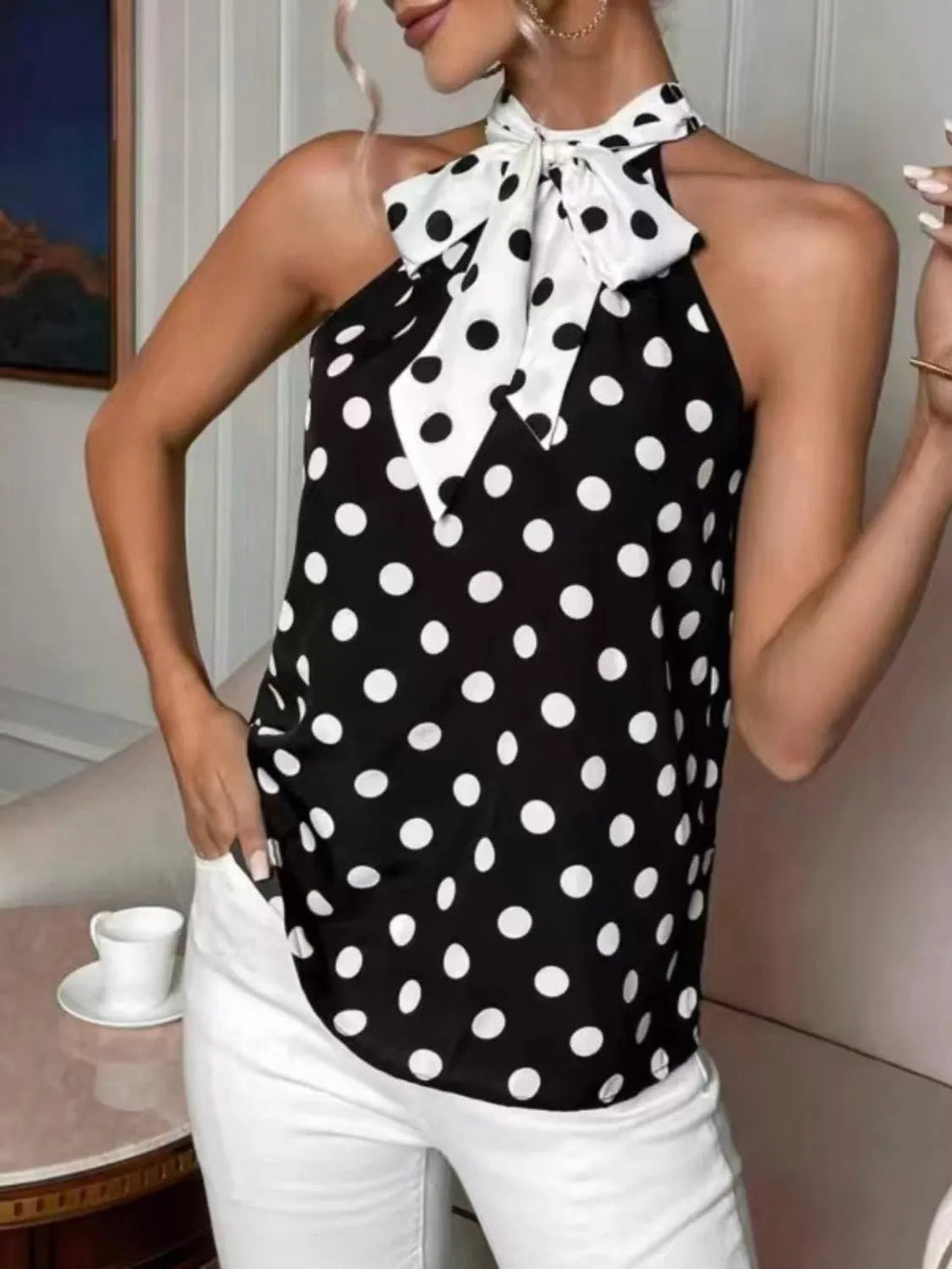 Polka Dot Tie Front Cami - Courbe et Compagnie