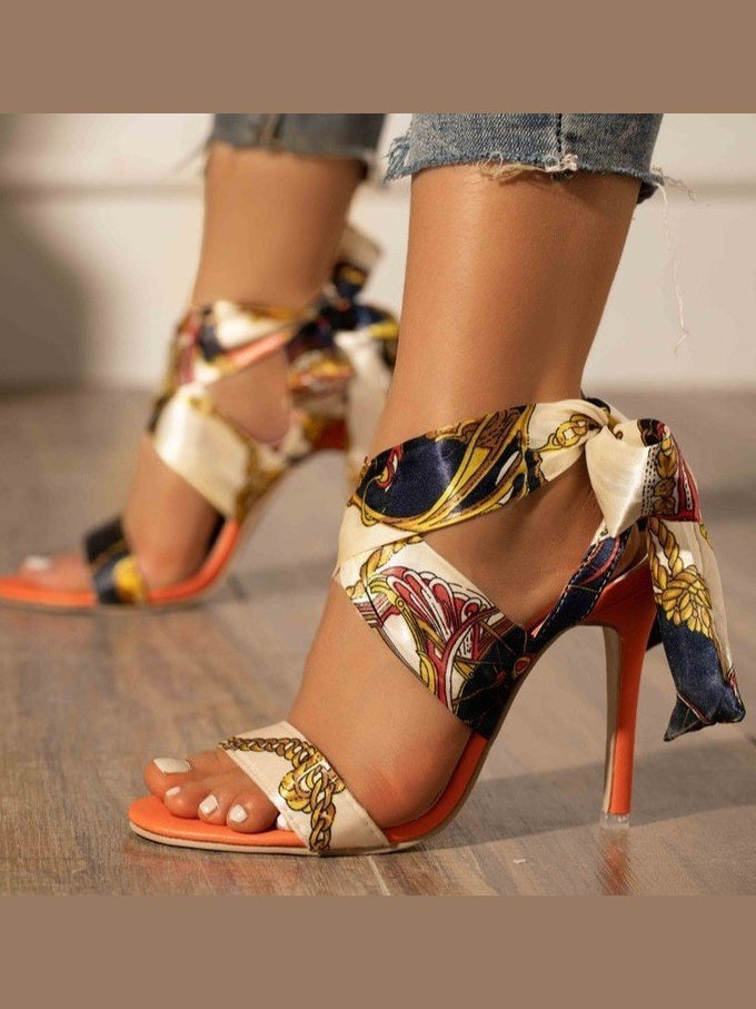 Printed Lace Up Shoes Wholesales Personality Strap Printing High Heel Sandals Women's Shoes Orange - Courbe et Compagnie
