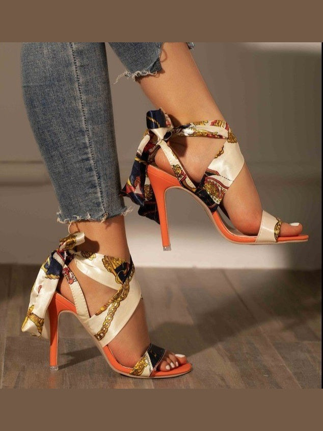 Printed Lace Up Shoes Wholesales Personality Strap Printing High Heel Sandals Women's Shoes Orange - Courbe et Compagnie