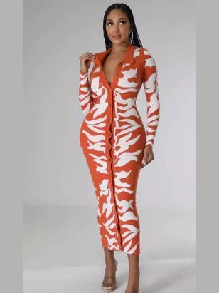 Printed Lapel Collar Maxi Dress - Courbe et Compagnie