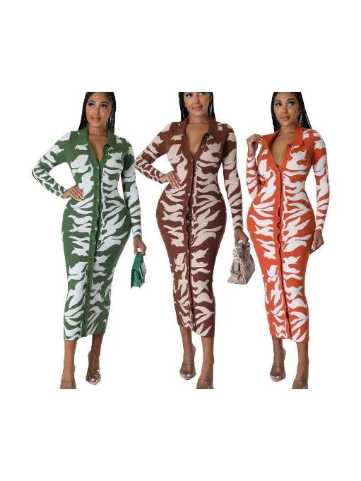 Printed Lapel Collar Maxi Dress - Courbe et Compagnie