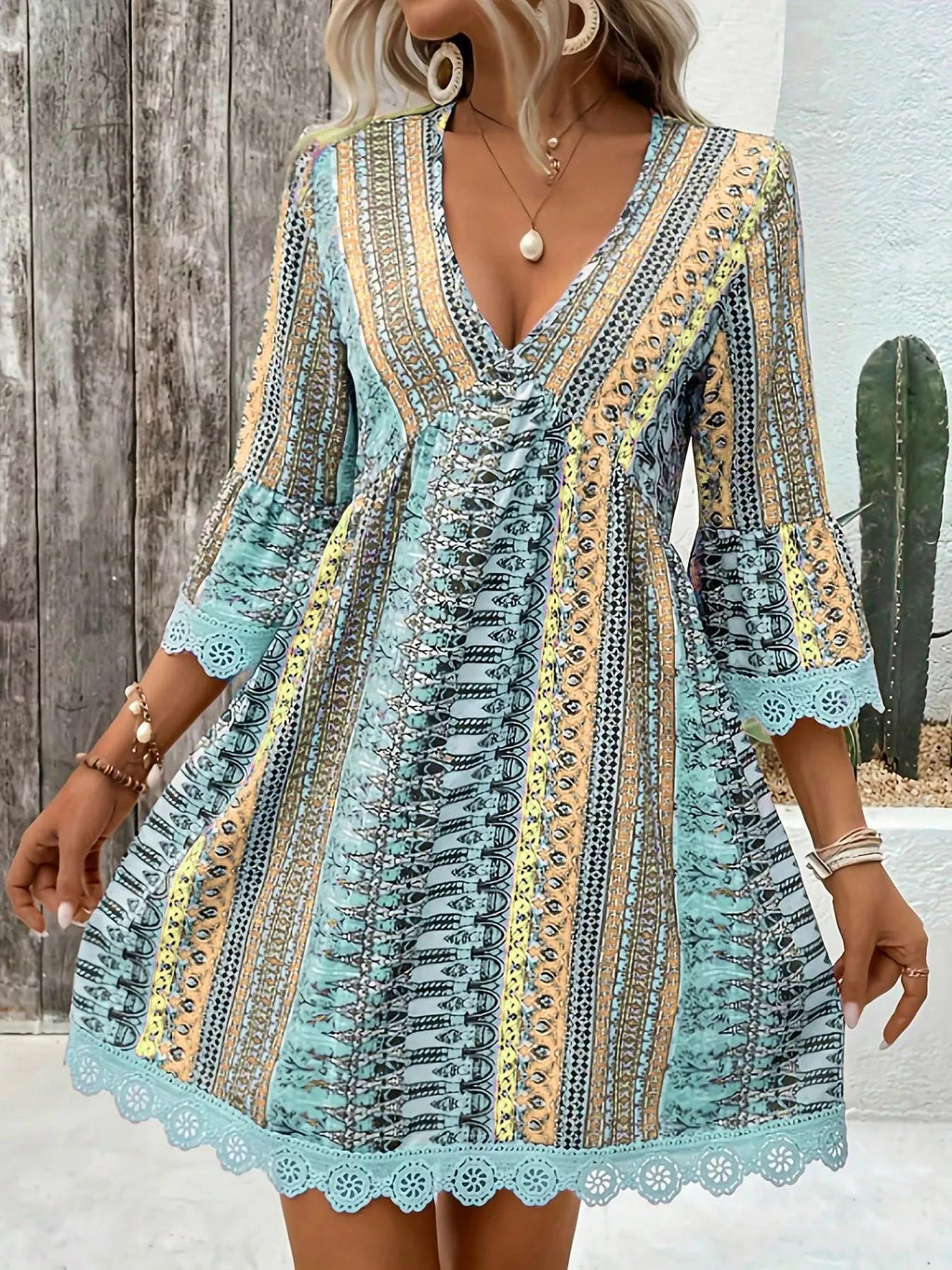 Printed V Neck A Line Dress With Lace Detail Polyester Spandex Blend - Courbe et Compagnie
