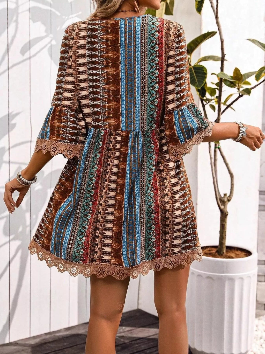 Printed V Neck A Line Dress With Lace Detail Polyester Spandex Blend - Courbe et Compagnie