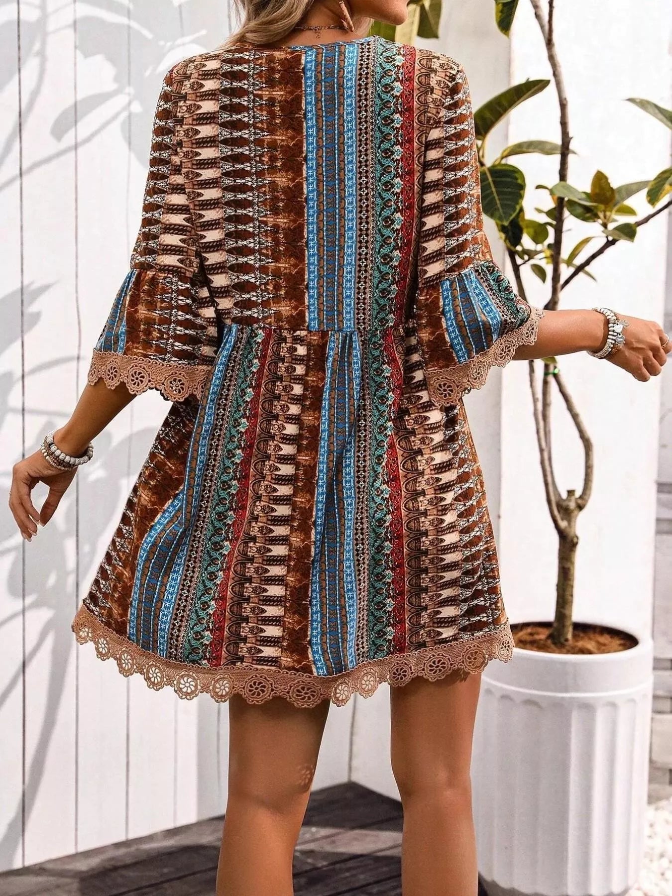 Printed V Neck A Line Dress With Lace Detail Polyester Spandex Blend - Courbe et Compagnie