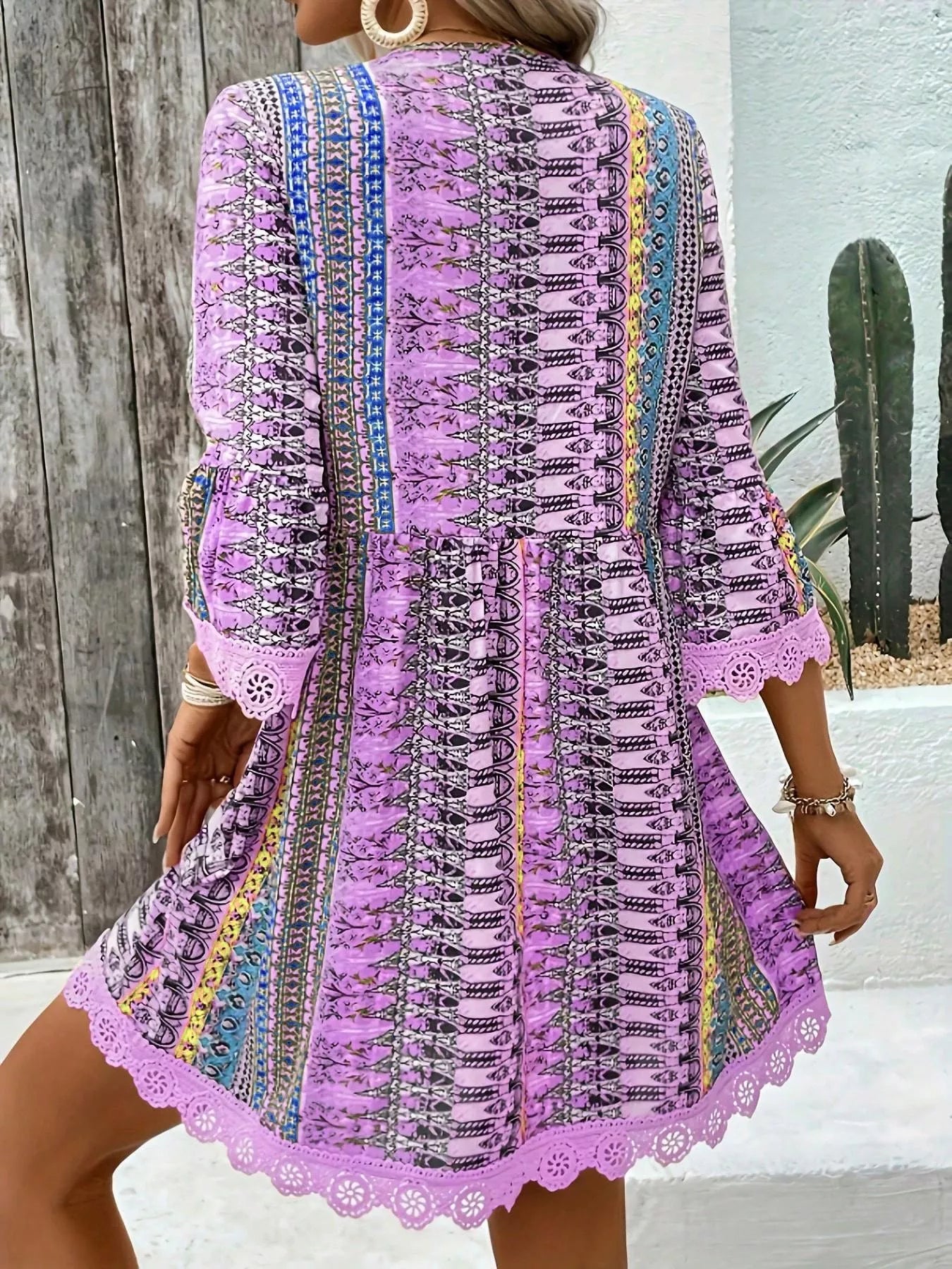 Printed V Neck A Line Dress With Lace Detail Polyester Spandex Blend - Courbe et Compagnie