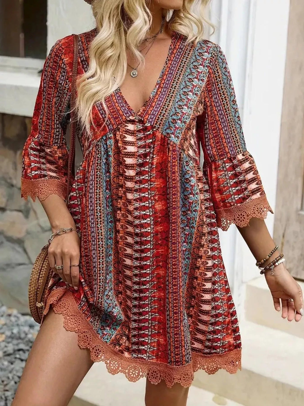 Printed V Neck A Line Dress With Lace Detail Polyester Spandex Blend - Courbe et Compagnie