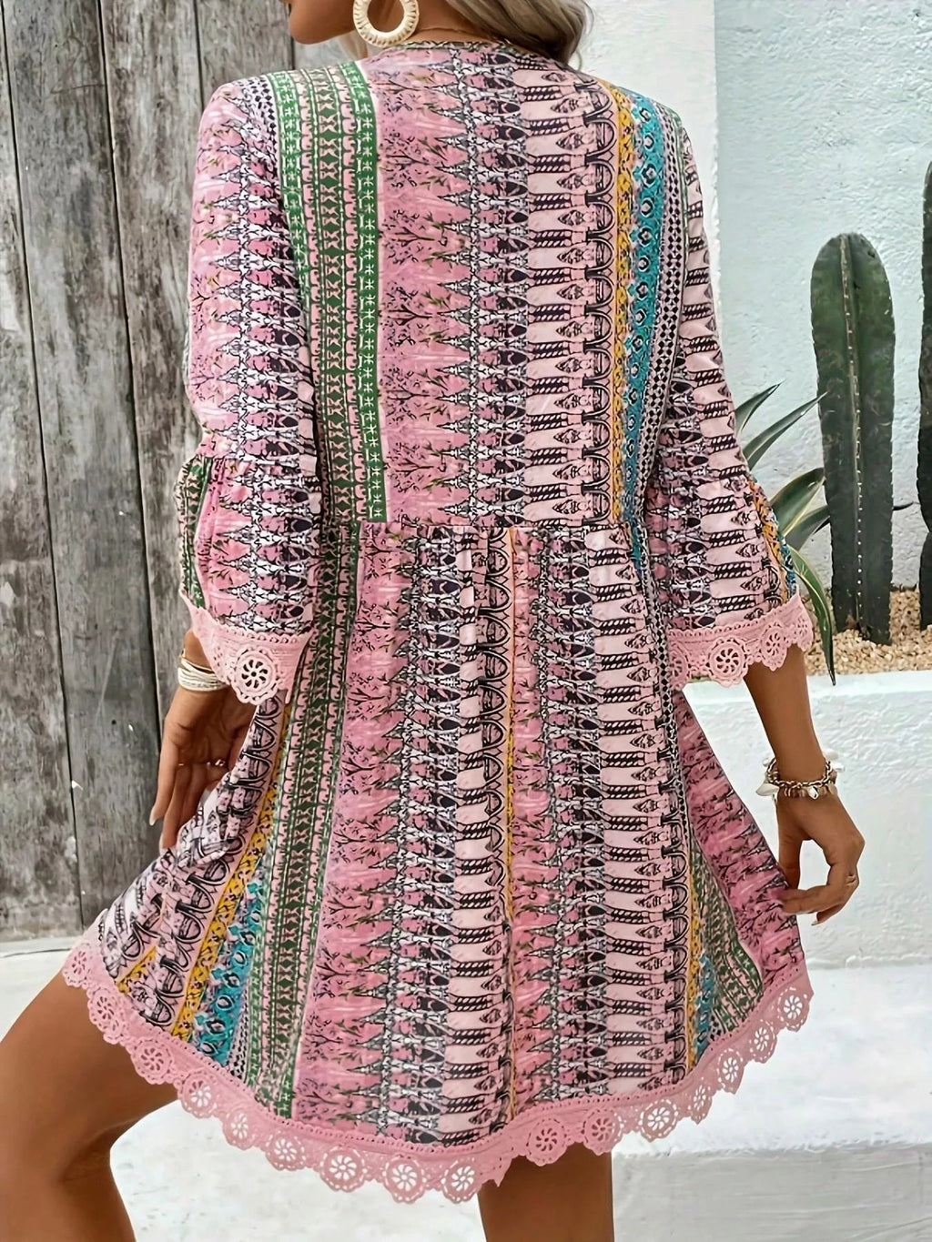Printed V Neck A Line Dress With Lace Detail Polyester Spandex Blend - Courbe et Compagnie