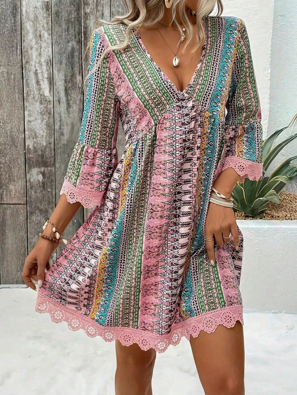 Printed V Neck A Line Dress With Lace Detail Polyester Spandex Blend - Courbe et Compagnie
