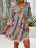 Printed V Neck A Line Dress With Lace Detail Polyester Spandex Blend - Courbe et Compagnie