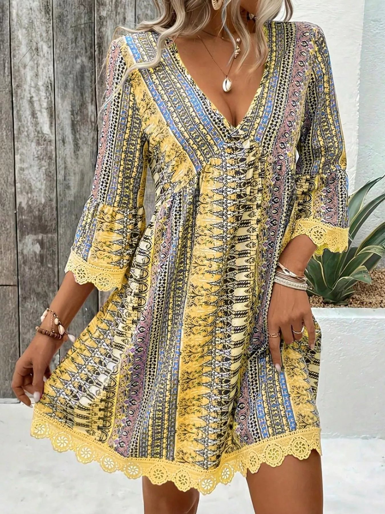 Printed V Neck A Line Dress With Lace Detail Polyester Spandex Blend - Courbe et Compagnie
