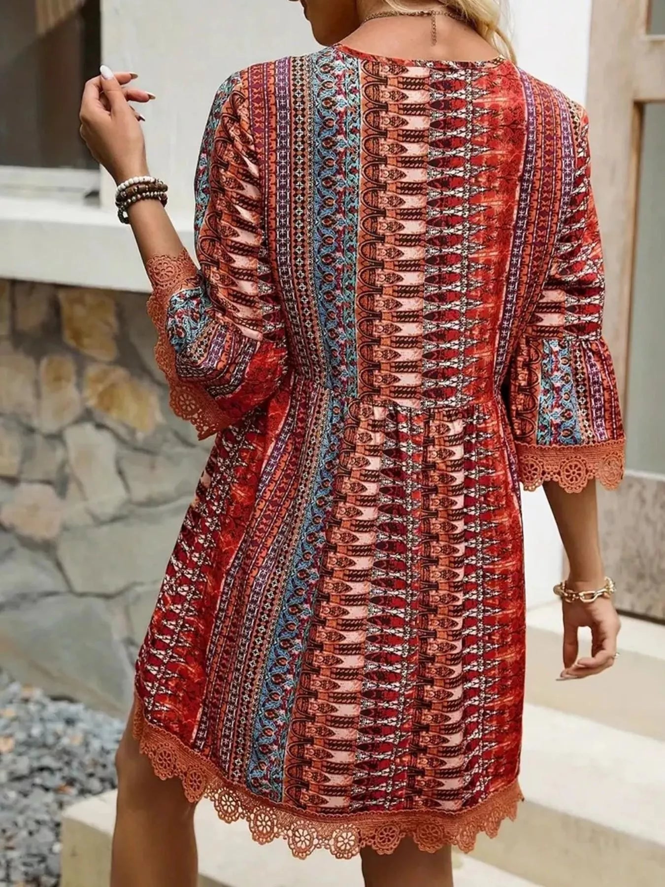 Printed V Neck A Line Dress With Lace Detail Polyester Spandex Blend - Courbe et Compagnie