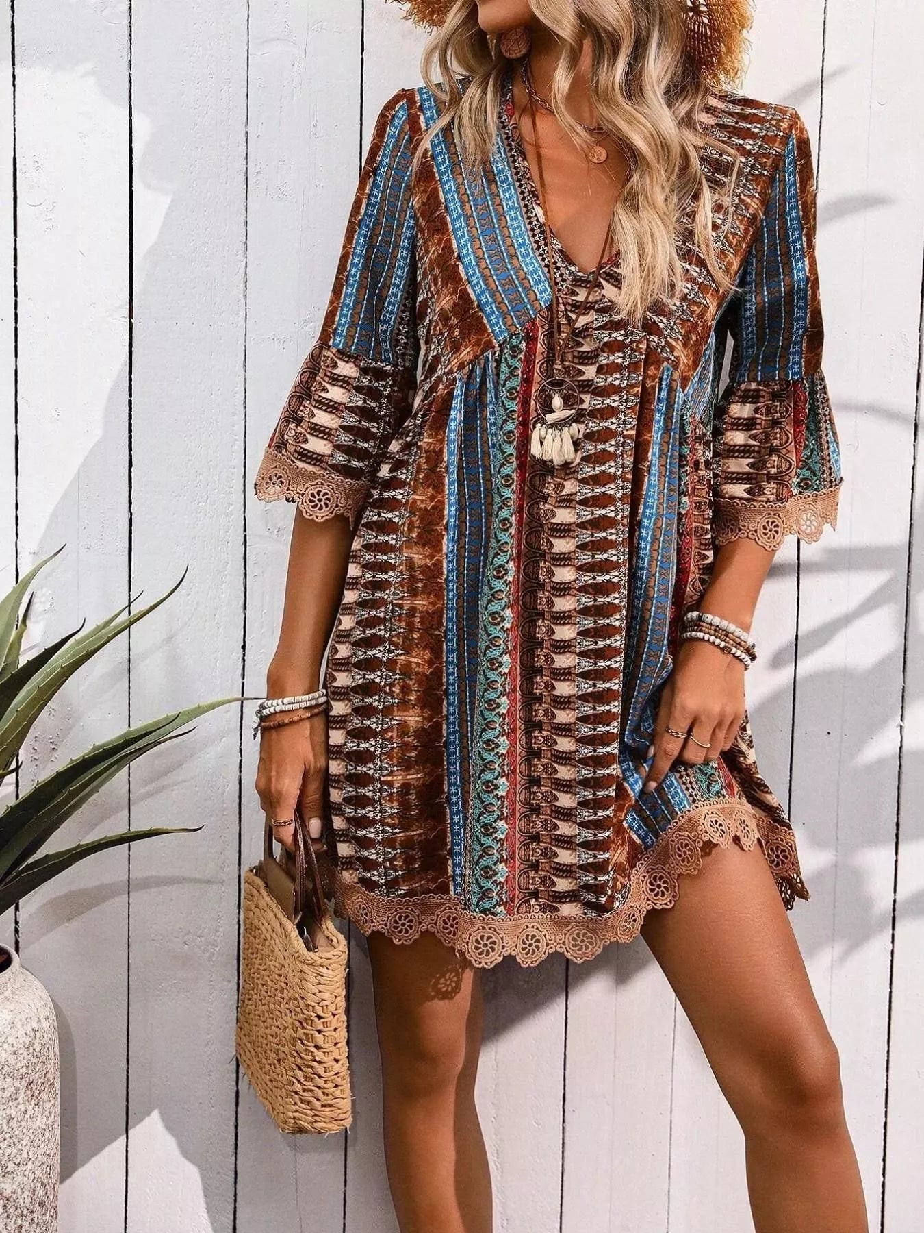 Printed V Neck A Line Dress With Lace Detail Polyester Spandex Blend - Courbe et Compagnie