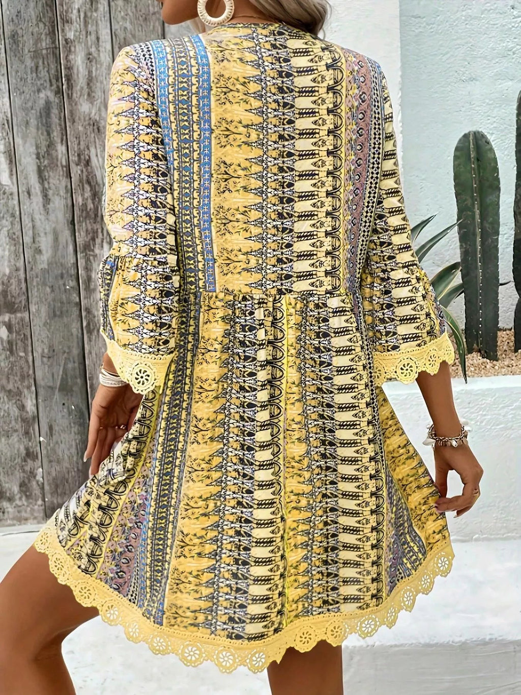 Printed V Neck A Line Dress With Lace Detail Polyester Spandex Blend - Courbe et Compagnie