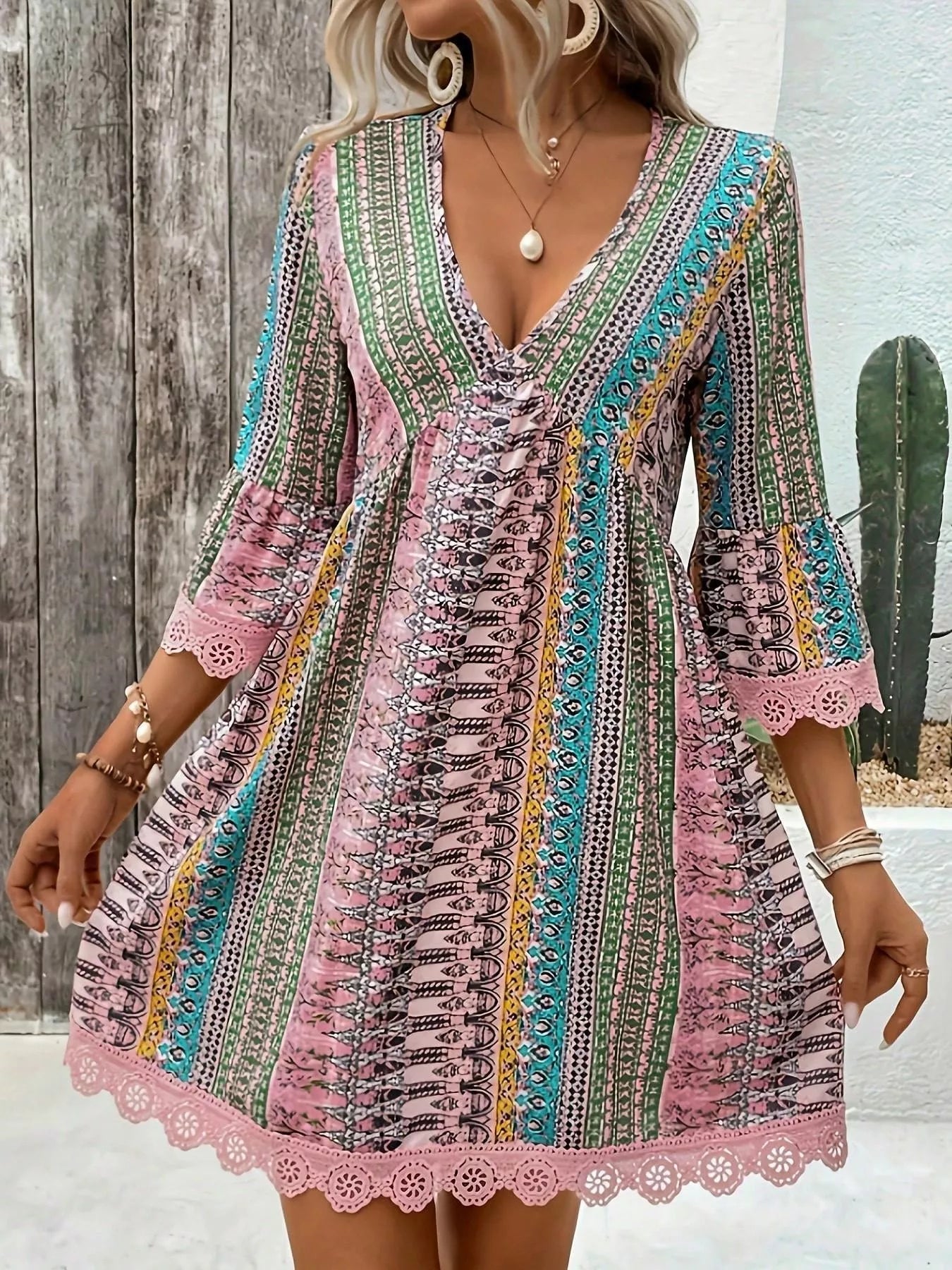 Printed V Neck A Line Dress With Lace Detail Polyester Spandex Blend - Courbe et Compagnie