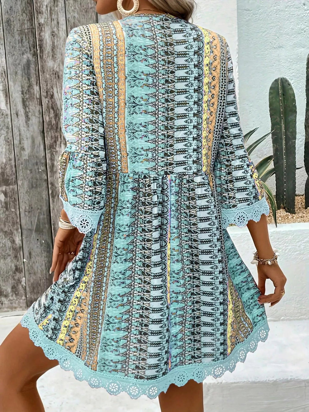 Printed V Neck A Line Dress With Lace Detail Polyester Spandex Blend - Courbe et Compagnie