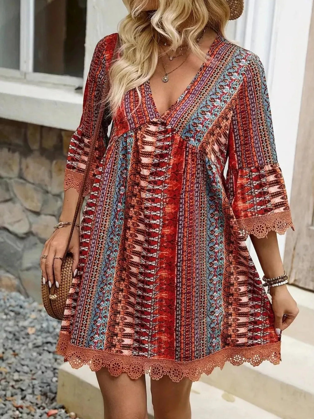 Printed V Neck A Line Dress With Lace Detail Polyester Spandex Blend - Courbe et Compagnie