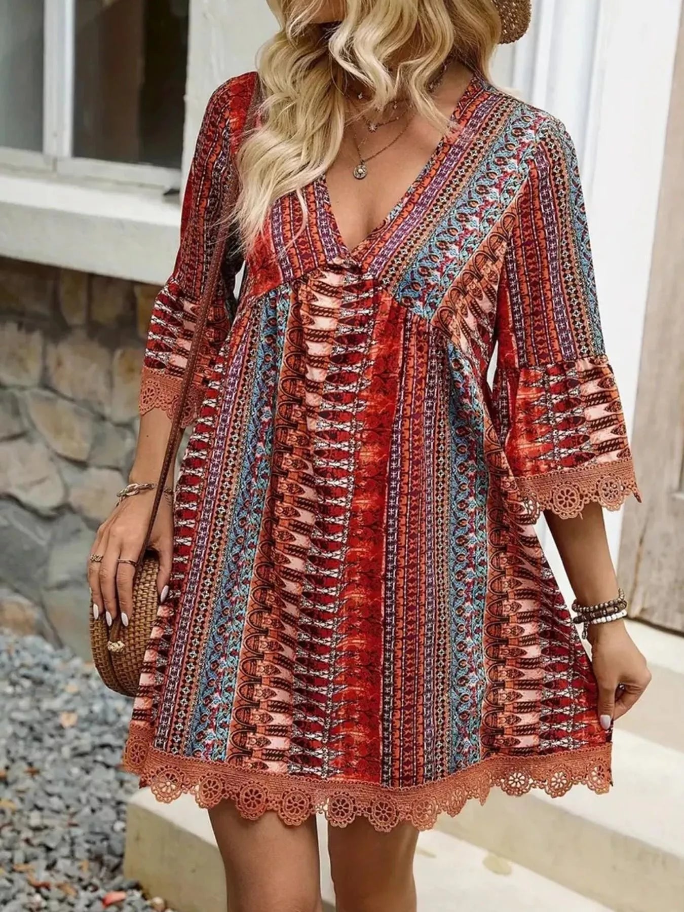 Printed V Neck A Line Dress With Lace Detail Polyester Spandex Blend - Courbe et Compagnie