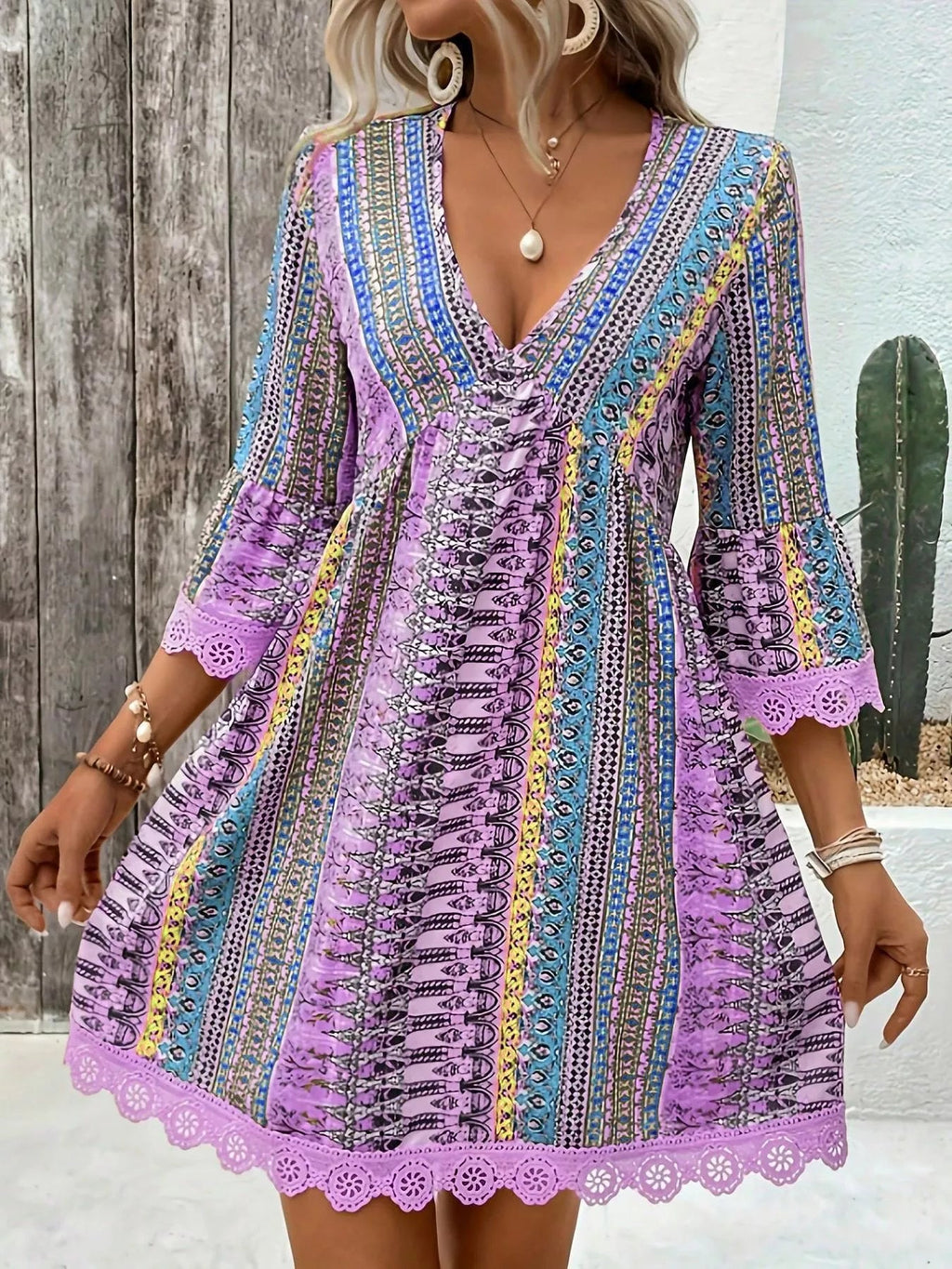 Printed V Neck A Line Dress With Lace Detail Polyester Spandex Blend - Courbe et Compagnie