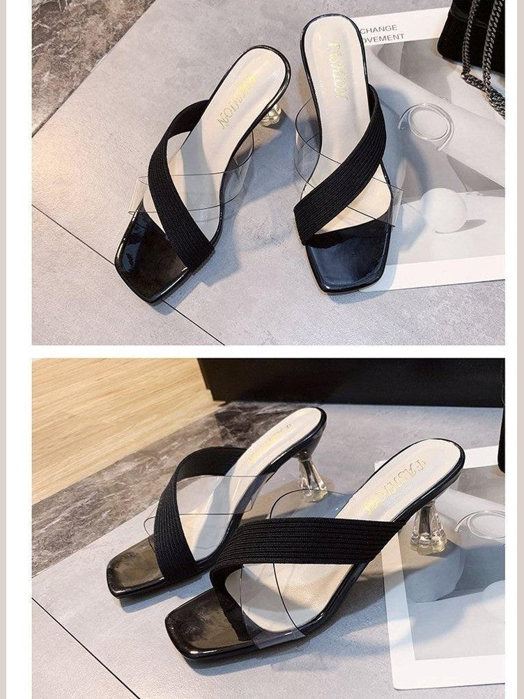 Queen Fashion PU Sandals Knit Women Transparent Sandals Pointed Toe High Heels Party Cross Women High Heel Sandals Transparent Pointed Toe Luxury Dress Outdoor Sandals - Courbe et Compagnie