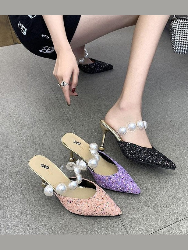 Queen Fashion PU Sandals Knit Women Transparent Sandals Pointed Toe High Heels Party Cross Women High Heel Sandals Transparent Pointed Toe Luxury Dress Outdoor Sandals - Courbe et Compagnie
