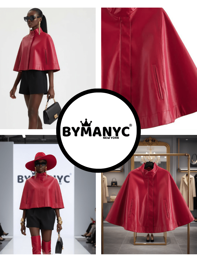 Red Leather-Style Short Cape Jacket For Women, Greenwich Village, BYMANYC New York. - Courbe et Compagnie