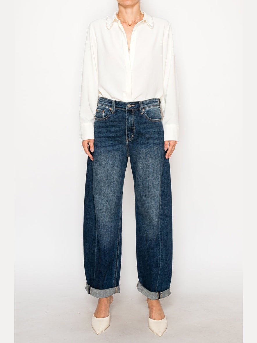 Relaxed Tapered Dark Wash Barrel Jeans - Courbe et Compagnie