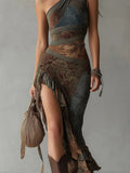 Retro Patchwork Print Asymmetric Slip Dress – High-Waist High-Slit Boho Maxi Dress - Courbe et Compagnie