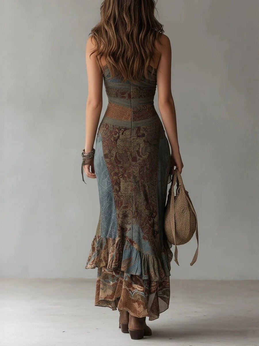 Retro Patchwork Print Asymmetric Slip Dress – High-Waist High-Slit Boho Maxi Dress - Courbe et Compagnie