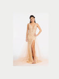 Rhinestone Embellished Mesh Mermaid Dress w/ 3-D Flower and Detached Layer - Courbe et Compagnie