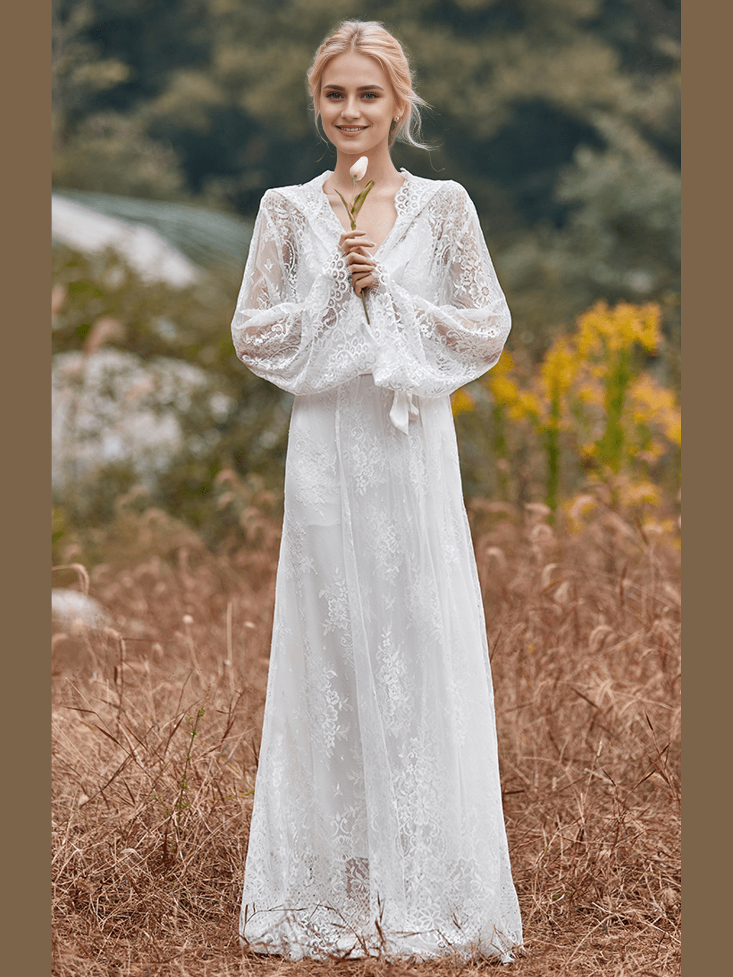 Romantic Floral Lace Hooded Bridal Robe Set – Long Sheer Lace Cover-Up with Satin Slip - Courbe et Compagnie