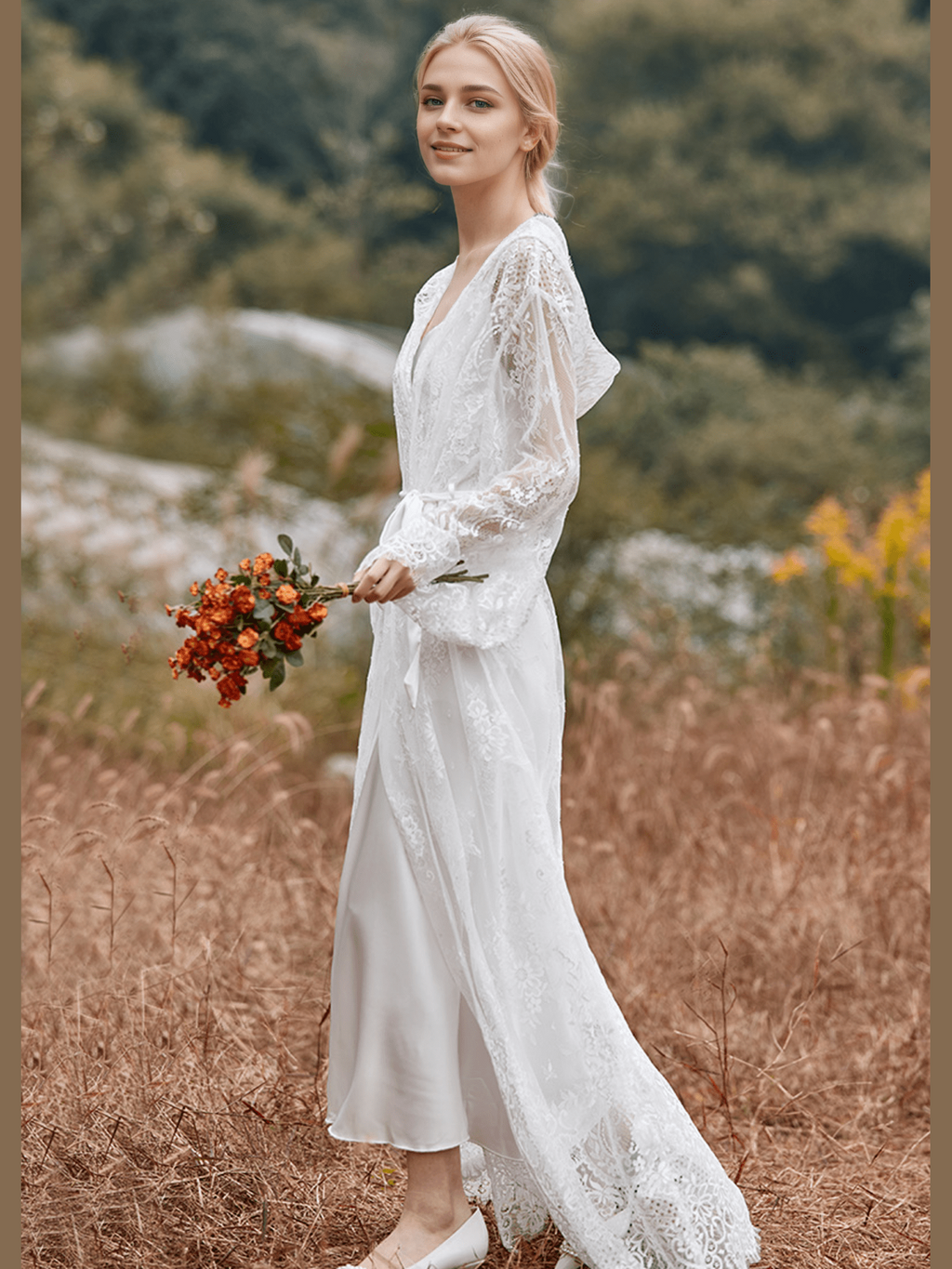 Romantic Floral Lace Hooded Bridal Robe Set – Long Sheer Lace Cover-Up with Satin Slip - Courbe et Compagnie