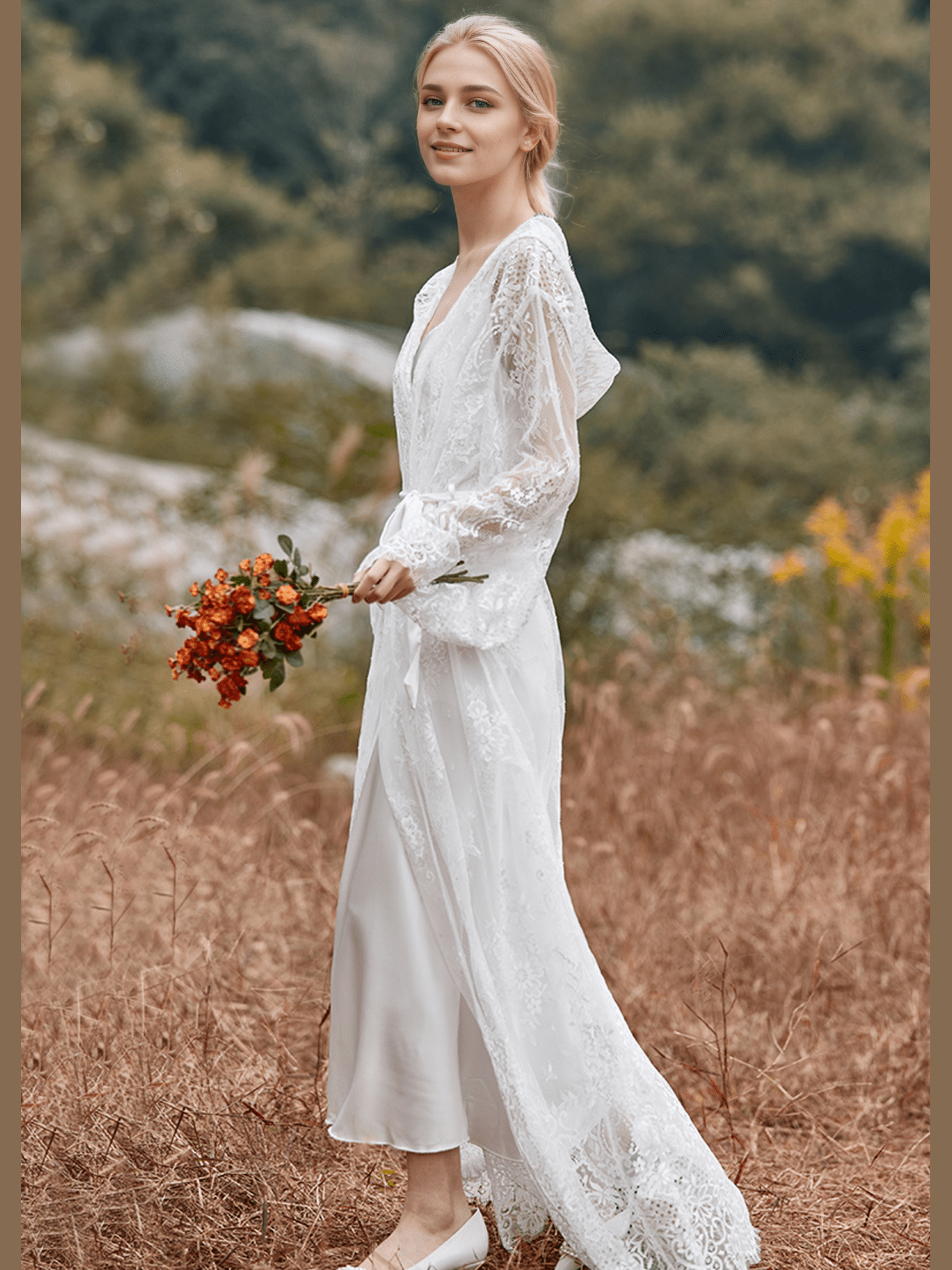 Romantic Floral Lace Hooded Bridal Robe Set – Long Sheer Lace Cover-Up with Satin Slip - Courbe et Compagnie