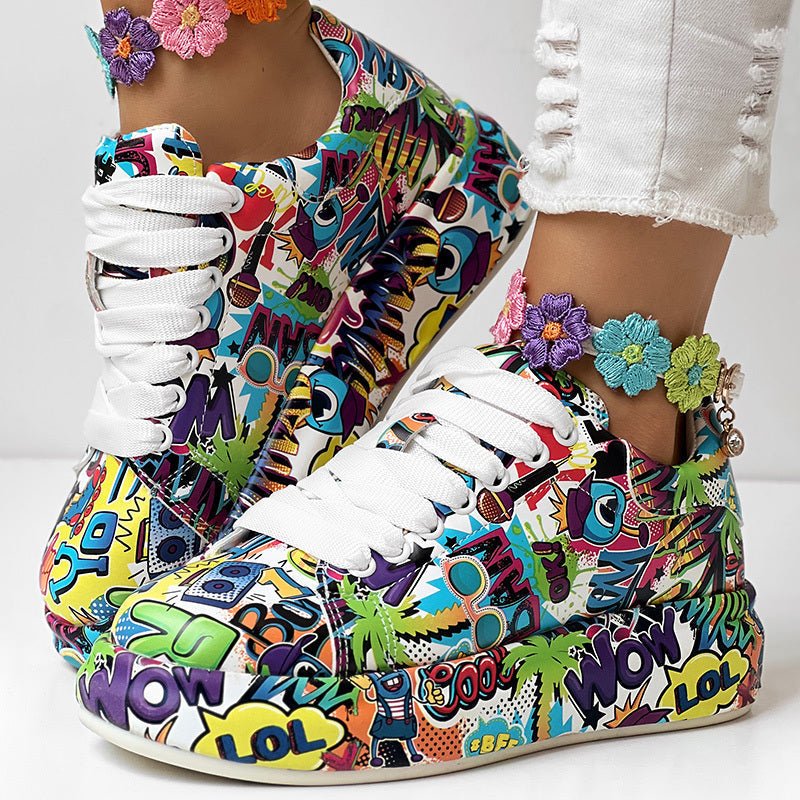 Round-Toe Thick-Sole Lace-Up Sneakers — Women’s Casual Print Shoes - Courbe et Compagnie