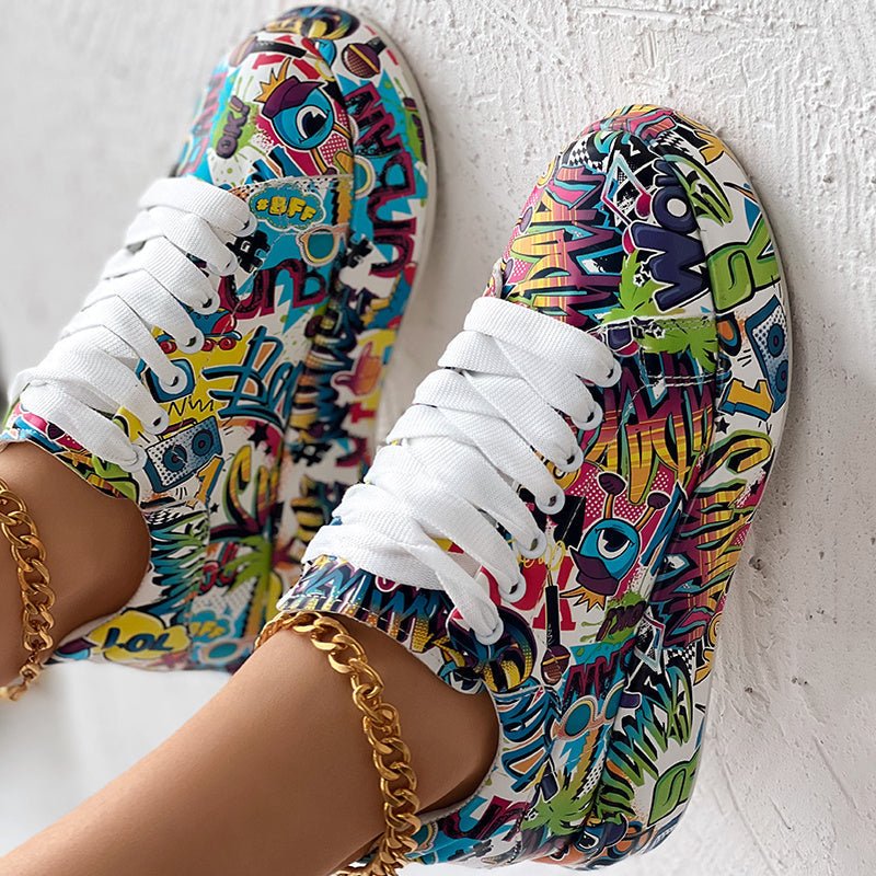Round-Toe Thick-Sole Lace-Up Sneakers — Women’s Casual Print Shoes - Courbe et Compagnie