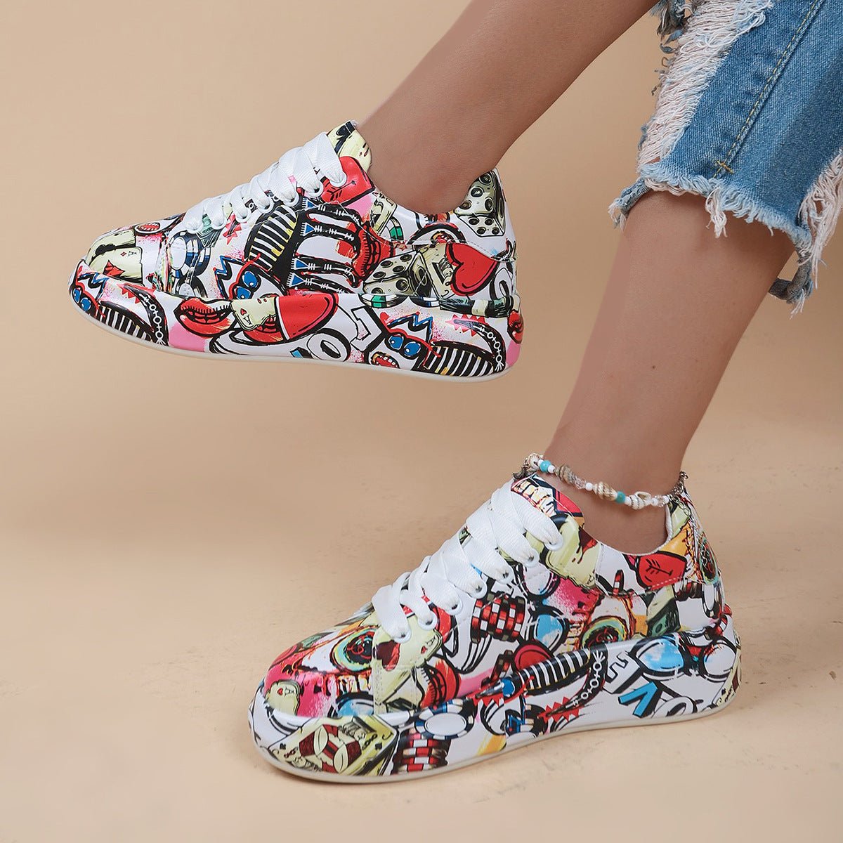 Round-Toe Thick-Sole Lace-Up Sneakers — Women’s Casual Print Shoes - Courbe et Compagnie