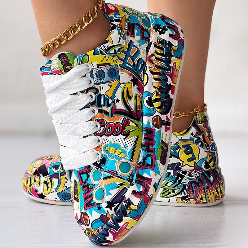 Round-Toe Thick-Sole Lace-Up Sneakers — Women’s Casual Print Shoes - Courbe et Compagnie
