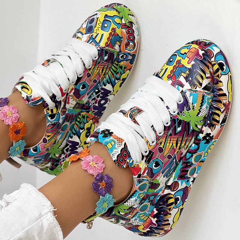Round-Toe Thick-Sole Lace-Up Sneakers — Women’s Casual Print Shoes - Courbe et Compagnie