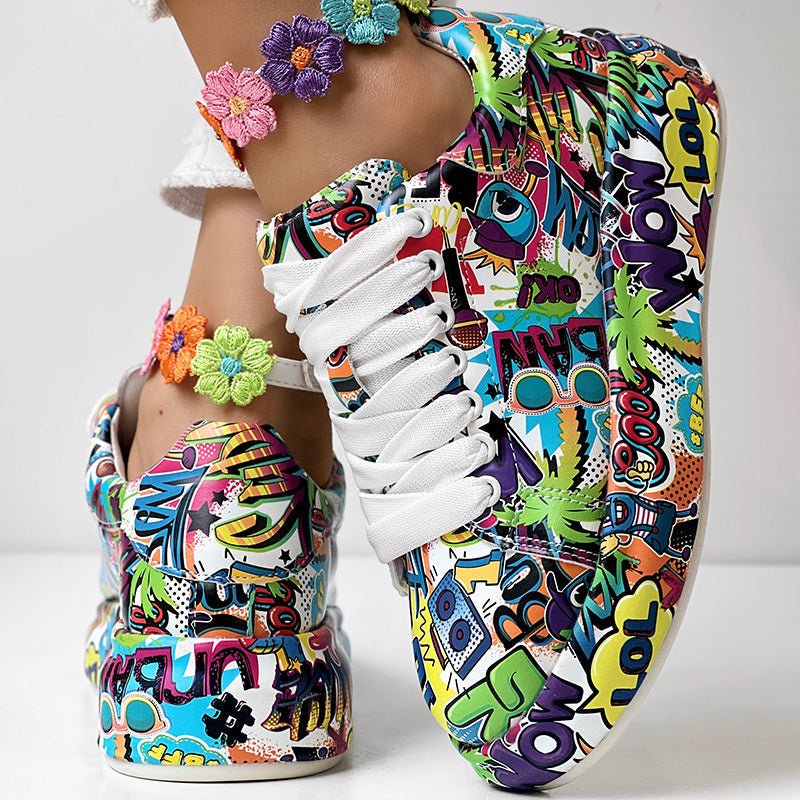 Round-Toe Thick-Sole Lace-Up Sneakers — Women’s Casual Print Shoes - Courbe et Compagnie