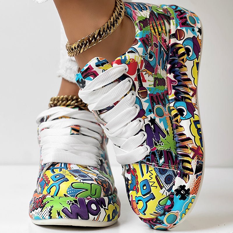 Round-Toe Thick-Sole Lace-Up Sneakers — Women’s Casual Print Shoes - Courbe et Compagnie