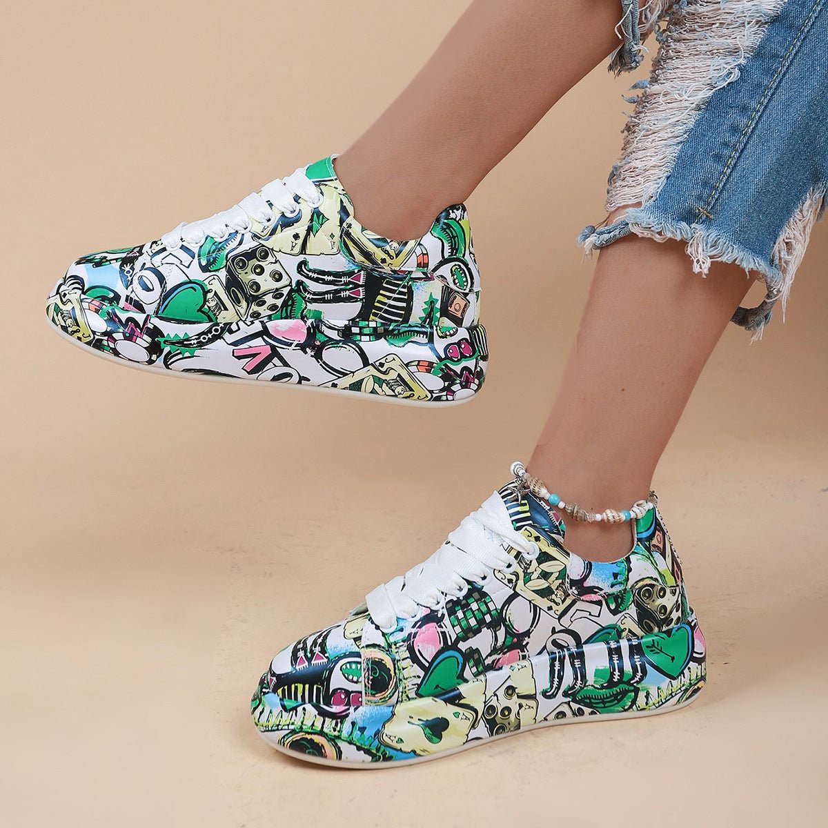 Round-Toe Thick-Sole Lace-Up Sneakers — Women’s Casual Print Shoes - Courbe et Compagnie