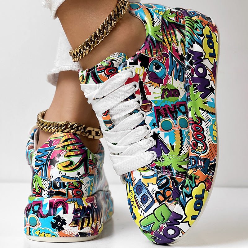 Round-Toe Thick-Sole Lace-Up Sneakers — Women’s Casual Print Shoes - Courbe et Compagnie