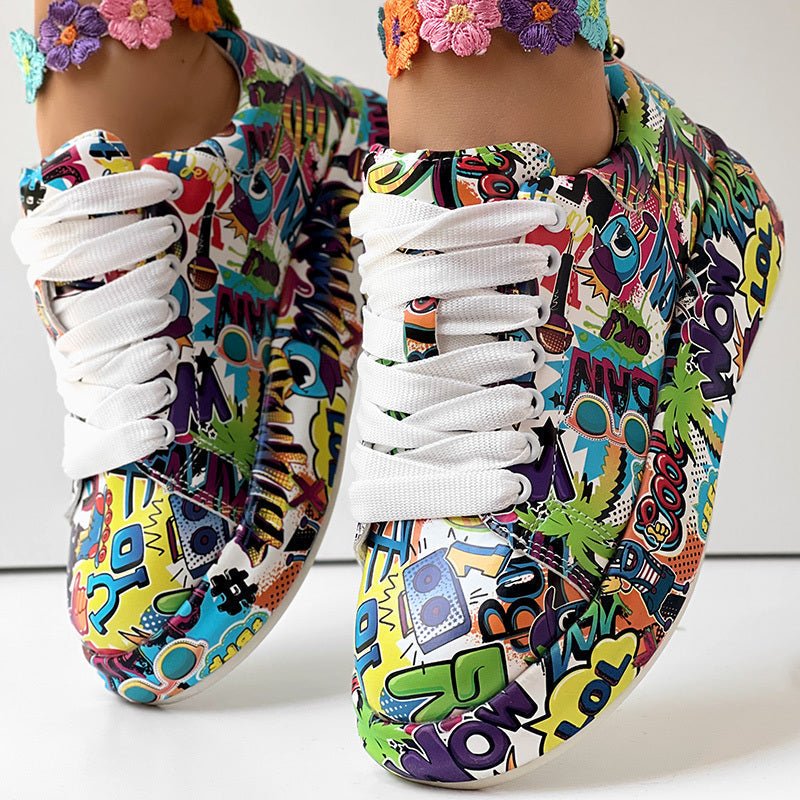 Round-Toe Thick-Sole Lace-Up Sneakers — Women’s Casual Print Shoes - Courbe et Compagnie