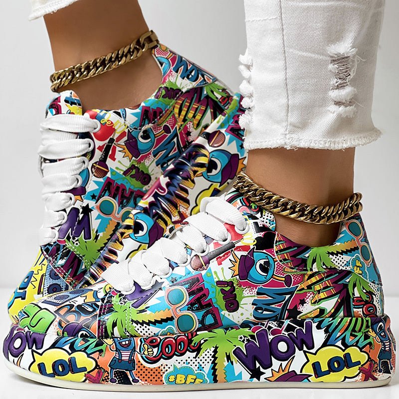 Round-Toe Thick-Sole Lace-Up Sneakers — Women’s Casual Print Shoes - Courbe et Compagnie